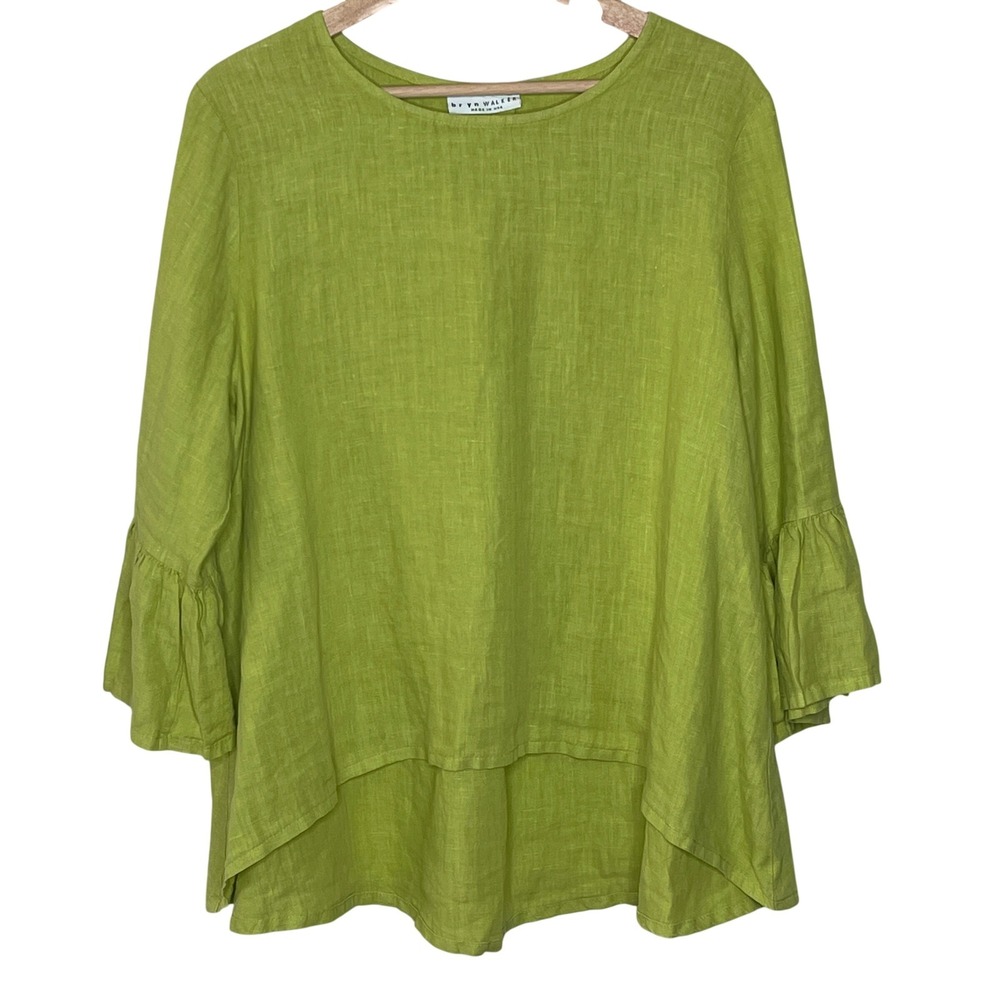 Bryn Walker Lime Green 100% Linen Ruffle Sleeve High-Low Lagenlook Top USA Made